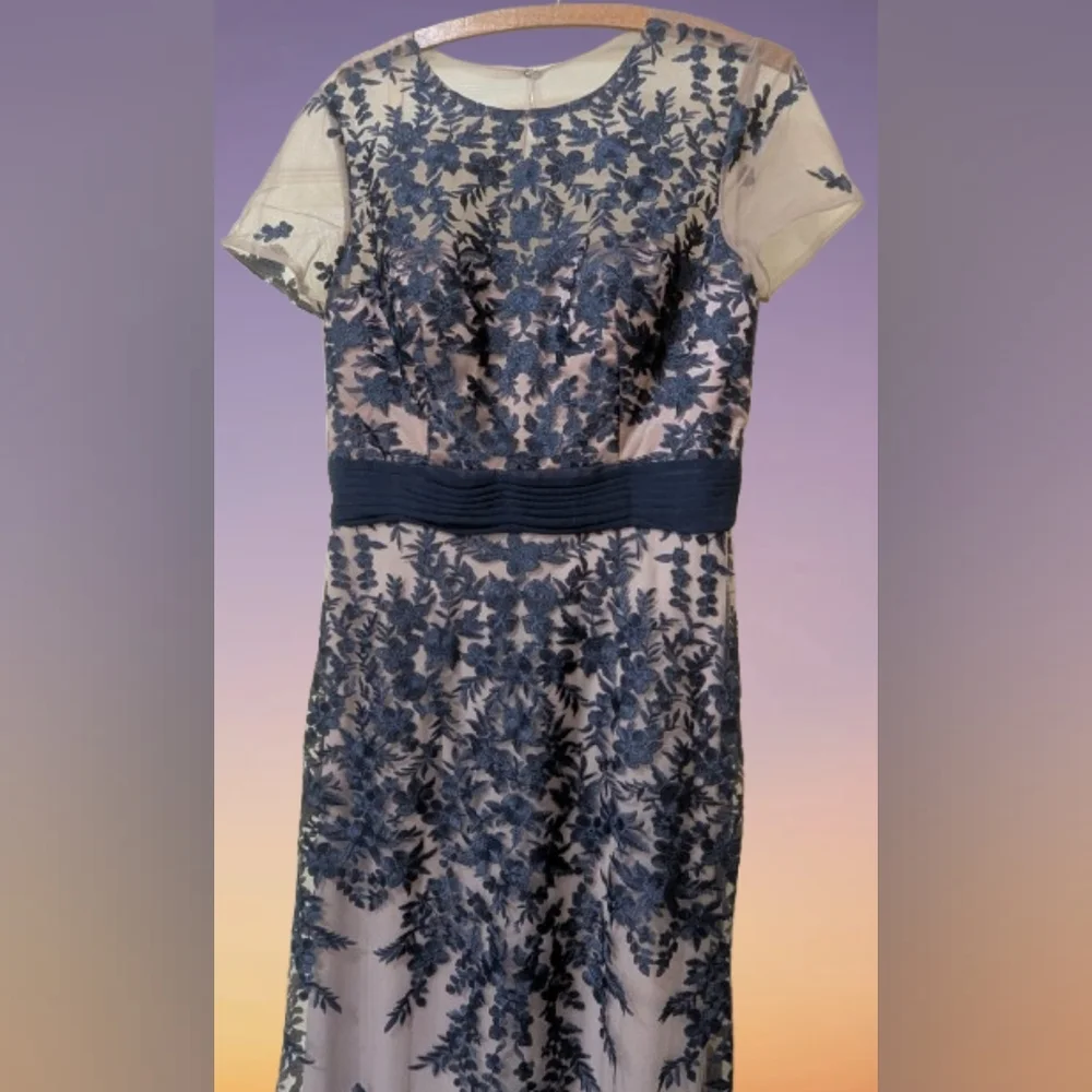 JS Collections Blush Pink and Navy Embroidered Lace Evening Gown - Picture 6 of 10